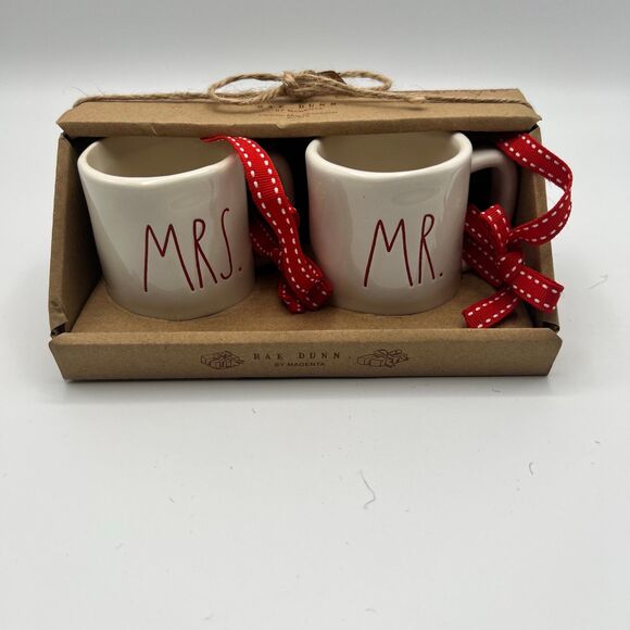 Rae Dunn Christmas Set of 2 Mini Mug Ornaments MR. & MRS. - Picture 1 of 3